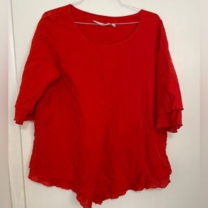 Soft surroundings XL tunic top red orange midi sleeve ruffle asymmetrical hem